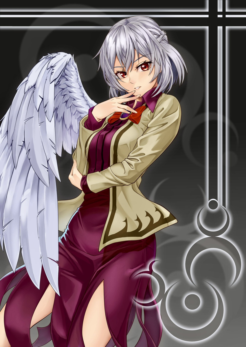 1girl bow bowtie brooch closed_mouth cowboy_shot dress eyelashes feathered_wings grey_hair grey_jacket hair_between_eyes highres jacket jewelry kashiwagi_(pixiv35005989) kishin_sagume long_sleeves looking_at_viewer open_clothes open_jacket parted_lips purple_dress red_bow red_bowtie red_eyes short_hair single_wing solo touhou white_hair white_wings wings