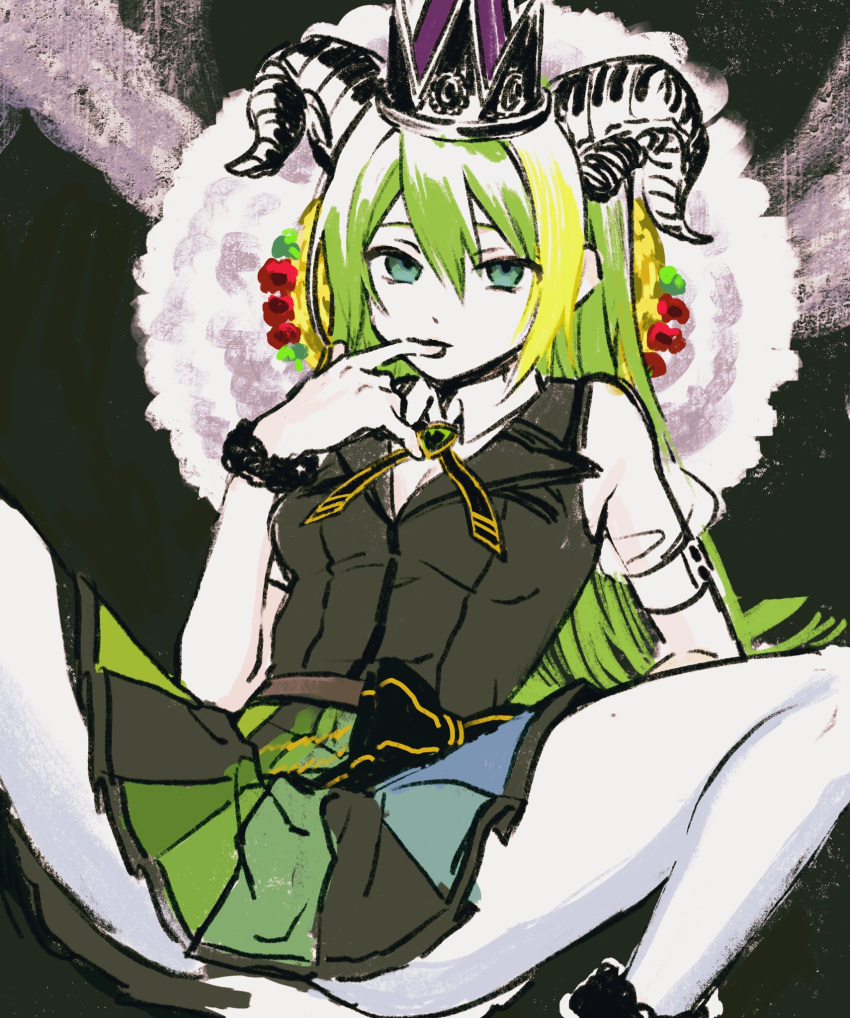 1girl alina_gray aqua_eyes bangs black_bow black_necktie black_vest blunt_ends bow boyano brooch chain collar cross_tie crown detached_collar fur_cuffs green_hair hair_between_eyes highres jewelry lapels long_hair magia_record:_mahou_shoujo_madoka_magica_gaiden magical_girl mahou_shoujo_madoka_magica multicolored_clothes multicolored_hair multicolored_skirt necktie notched_lapels old_dorothy pleated_skirt puffy_short_sleeves puffy_sleeves see-through see-through_sleeves short_sleeves sidelocks skirt sleeve_cuffs solo straight_hair streaked_hair striped striped_skirt v-neck vertical-striped_skirt vertical_stripes very_long_hair vest waist_bow white_collar white_sleeves