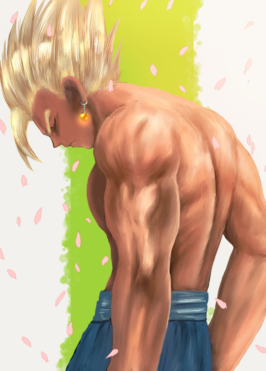 1boy absurdres alto_(natsusansai) blonde_hair closed_eyes dragon_ball dragon_ball_z earrings from_side frown head_down highres jewelry male_focus muscular muscular_male petals potara_earrings solo super_saiyan super_saiyan_1 topless_male upper_body vegetto