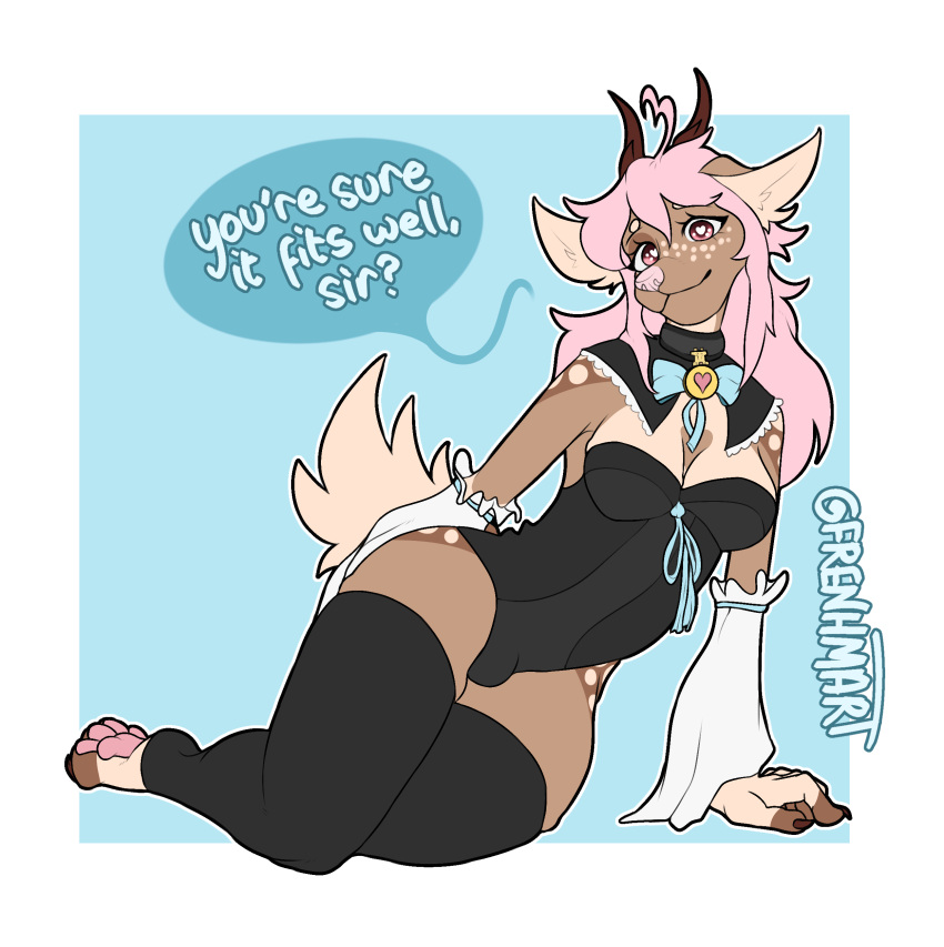 &lt;3 &lt;3_eyes absurd_res anthro antlers bulge cervid cervine claws clothing collar corset dialogue frenhm freyja_fenrirsdottir frilly gynomorph hi_res horn intersex legwear lingerie maid_uniform mammal paws ribbons scut_tail short_tail smile solo thigh_highs topwear trans_(lore) trans_woman_(lore) uniform