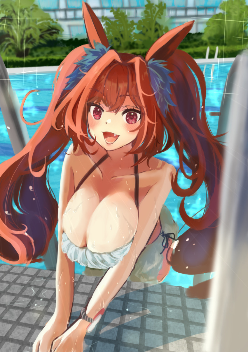 1girl :d animal_ears bangs bare_arms bare_shoulders breast_squeeze breasts cleavage collarbone commentary daiwa_scarlet_(umamusume) dot_nose fang grass highres horse_ears horse_girl huge_breasts long_hair lower_teeth open_mouth outdoors parted_bangs pool railing red_eyes red_hair shadow smile solo swimsuit teeth tk_(takodagon) tracen_swimsuit twintails umamusume v-shaped_eyebrows wading_pool water wet