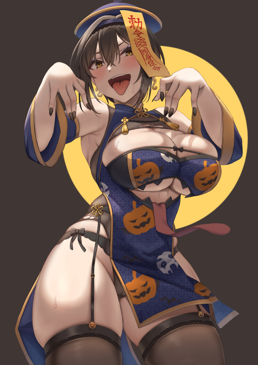 1girl absurdres bangs bare_shoulders black_garter_straps black_nails blue_headwear blush breasts brown_thighhighs detached_sleeves garter_straps hands_up highres jiangshi_costume large_breasts long_sleeves looking_at_viewer momo_no_sukebe nail_polish open_mouth original pumpkin_print short_hair skindentation smile solo thighhighs thighs tongue tongue_out