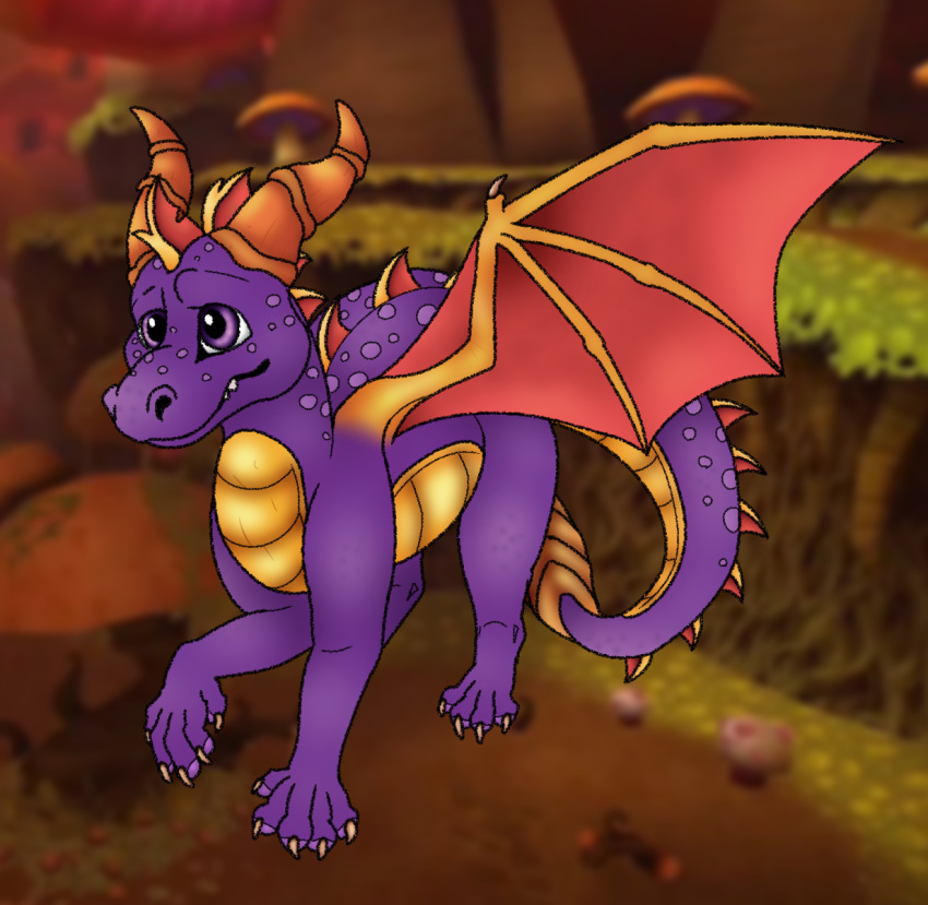 activision belly cackling-beast dorsal_frill dragon fangs feral frill_(anatomy) hi_res horn legend_of_spyro looking_up male membrane_(anatomy) membranous_wings pawpads pink_pawpads purple_eyes scalie screencap screencap_background solo spots spyro spyro_the_dragon video_games western_dragon wings yellow_belly young