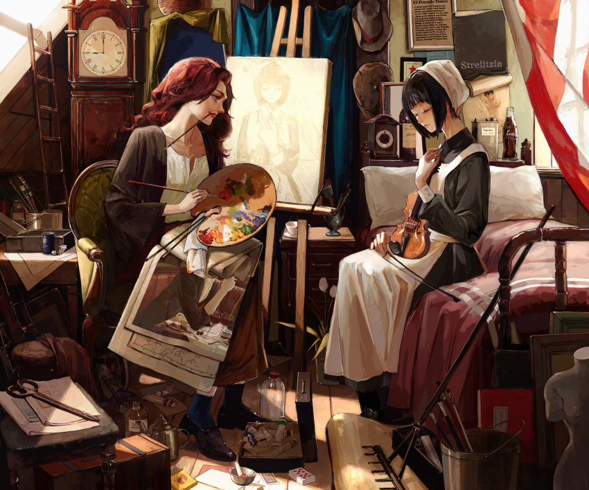 2girls absurdres apron armchair art_brush artist_painter attic bangs bed black_coat black_dress black_hair bottle briefcase bucket canvas_(object) card chair chest_of_drawers clock closed_eyes coat commentary_request cup curtains day dress easel facing_another flower grandfather_clock hand_up hat hat_removed headdress headwear_removed highres holding holding_instrument indoors instrument jar kettle long_hair long_sleeves looking_at_another looking_away maid messy_room mouth_hold multiple_girls naluse_flow on_bed original paint_tube paintbrush painting_(action) painting_(object) palette_(object) paper pillow pitchfork playing_card portrait_(object) profile puffy_long_sleeves puffy_sleeves red_hair romaji_text saucer scissors sitting sketchbook smile stairs statue stool suitcase table teacup violin wavy_hair white_apron white_flower wide_sleeves window wooden_floor