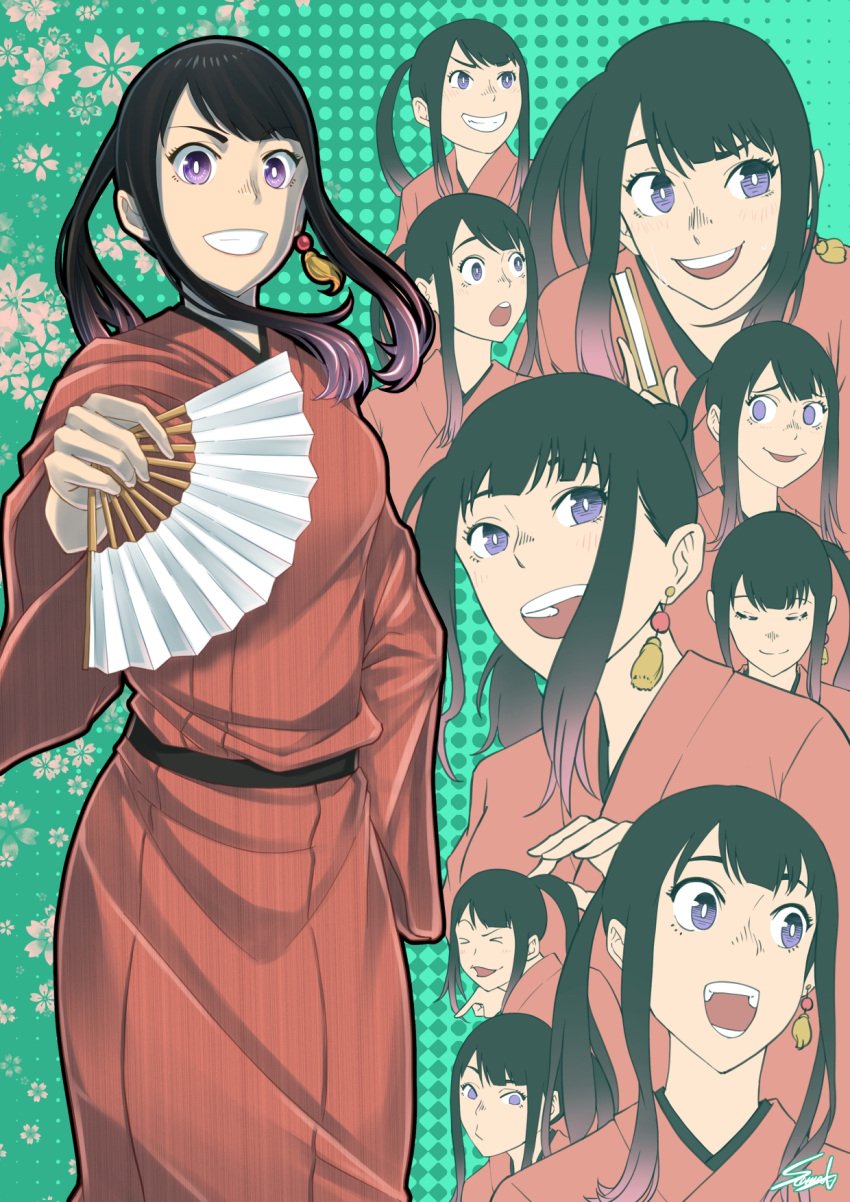 1girl :d :o akane-banashi black_hair earrings folding_fan gradient_hair green_background grin hand_fan highres holding holding_fan japanese_clothes jewelry kimono long_hair looking_at_viewer multicolored_hair multiple_views open_mouth osaki_akane_(akane-banashi) rakugo red_kimono simple_background single_earring smile sooma4869 standing two-tone_hair wide_sleeves