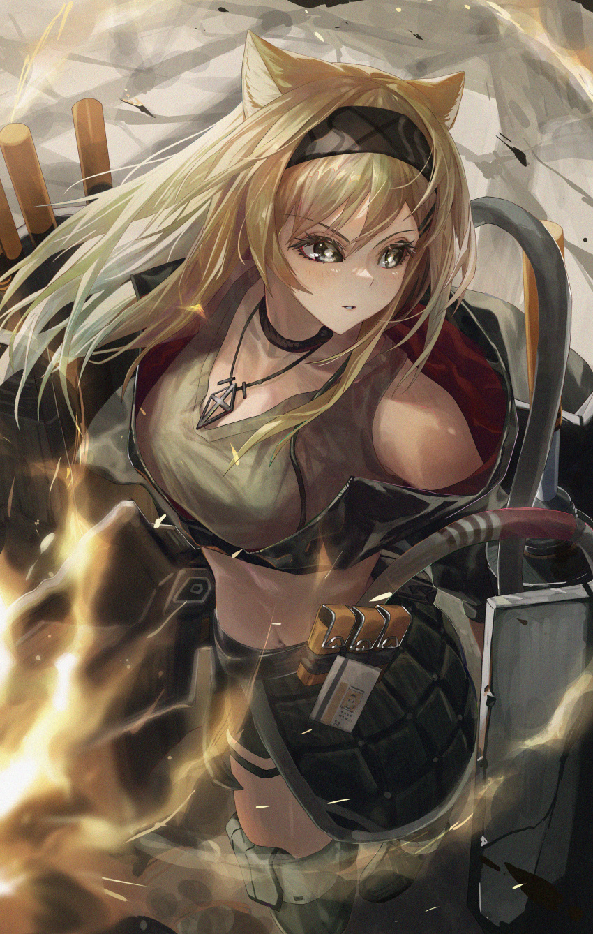 1girl absurdres animal_ear_fluff animal_ears arknights barefoot black_choker black_footwear black_hairband black_jacket black_skirt blonde_hair boots breasts bright_pupils choker cleavage collarbone crop_top fire from_above grey_eyes hairband highres horn_(arknights) jacket jewelry large_breasts long_hair looking_away looking_back monge_baby navel necklace open_clothes open_jacket pouch shield skirt smoke solo standing thigh_boots v-shaped_eyebrows wolf_ears