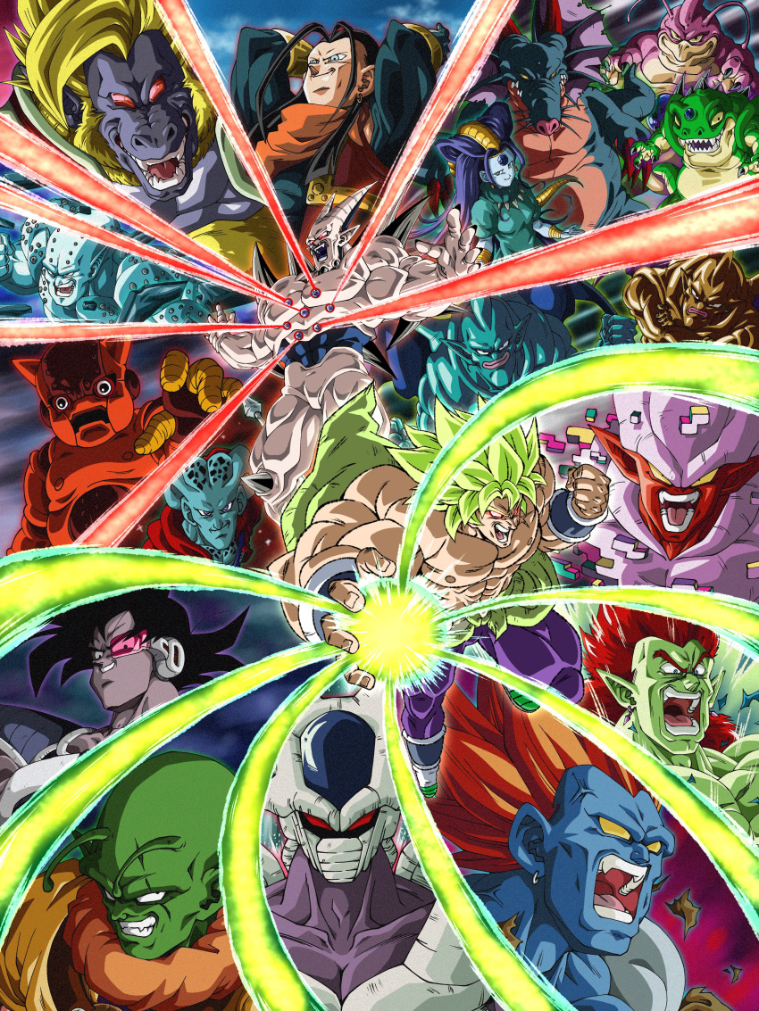 1girl 6+boys abs absurdres android_13 android_13_(fused) antennae baby_(dragon_ball) baby_vegeta black_eyes black_hair blank_eyes blue_eyes blue_skin bojack broly_(dragon_ball_super) clenched_hands colored_sclera colored_skin cooler_(dragon_ball) crossed_arms dragon_ball dragon_ball_gt dragon_ball_super dragon_ball_super_broly dragon_ball_z dragon_ball_z_dokkan_battle earrings eis_shenron evil_grin evil_smile fangs fifth_form_(dragon_ball) frown general_rilldo green_skin grin haze_shenron highres janemba jewelry ledgic luud multiple_boys muscular muscular_male naturon_shenron nuova_shenron oceanus_shenron omega_shenron oozaru rage_shenron red_hair robot scouter sharp_teeth slug_(dragon_ball) smile spikes super_android_17 syn_shenron tail teeth topless_male tullece wai_(y48754085) wings yellow_sclera