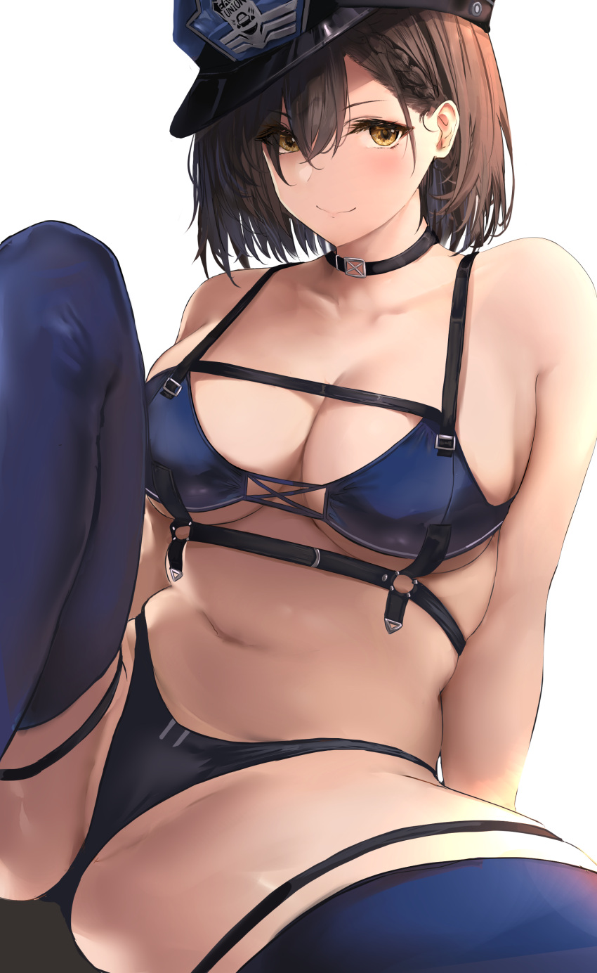 1girl absurdres azur_lane baltimore_(azur_lane) baltimore_(finish_line_flagbearer)_(azur_lane) bare_shoulders bikini black_choker blue_bikini blue_thighhighs breasts brown_eyes brown_hair choker closed_mouth collarbone groin hat highres large_breasts liaowen navel no_jacket official_alternate_costume police_hat short_hair simple_background sitting smile solo stomach swimsuit thigh_strap thighhighs thighs white_background
