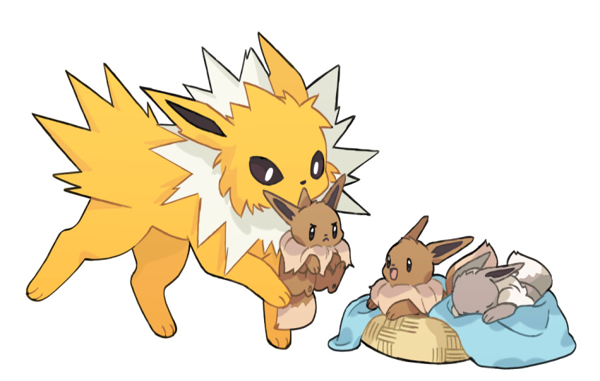 3_toes ambiguous_gender barefoot bed bedding blanket canid canine carrying carrying_partner chest_tuft digital_media_(artwork) dog_bed eevee eeveelution feet feral frown fur furniture generation_1_pokemon grey_body grey_fur group head_down holding_object jolteon looking_down lying mammal mjoyart nintendo on_bed open_mouth pet_bed pokemon pokemon_(species) shiny_pokemon simple_background size_difference smile standing toes tuft video_games white_body white_fur yellow_body yellow_fur