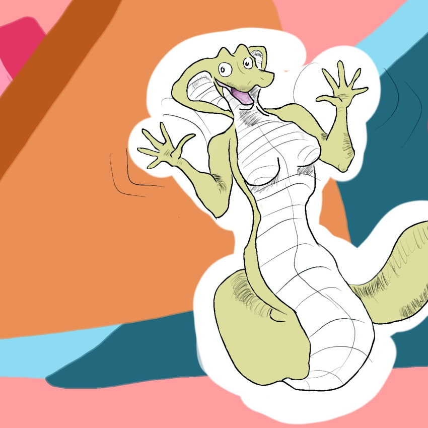 animal_humanoid anthro apode breasts discodemon draconcopode female happy hi_res humanoid jazz_hands legless meme naga non-mammal_breasts reptile reptile_humanoid scales scalie scalie_humanoid serpentine snake snake_humanoid solo yellow_body yellow_scales