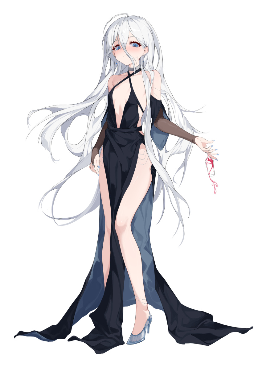 1girl absurdres ahoge bare_shoulders black_dress blue_eyes breasts breasts_apart champagne_flute choker closed_mouth criss-cross_halter cup detached_sleeves dress drinking_glass earrings full_body hair_between_eyes halterneck high_heels highres holding holding_cup jewelry long_dress long_hair looking_at_viewer original pelvic_curtain side_slit simple_background sleeveless sleeveless_dress small_breasts solo standing sweatdrop white_background white_hair yume_(454565427)