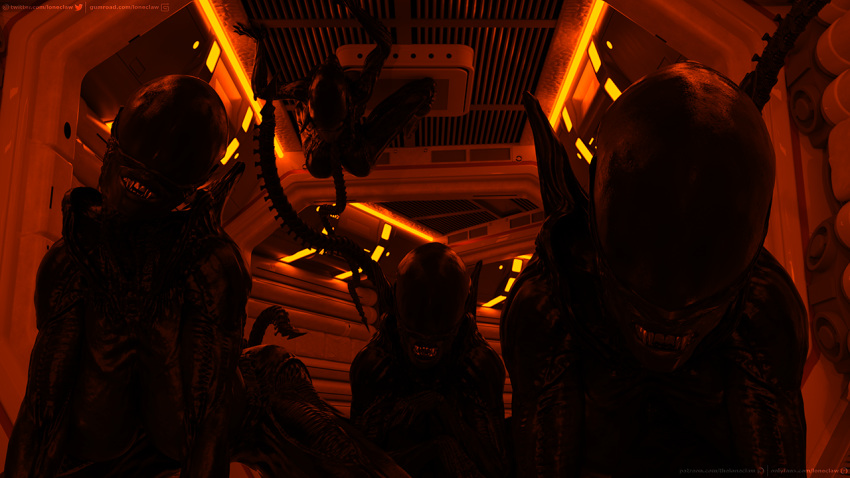 2022 3d_(artwork) 9:16 alien alien_(franchise) digital_media_(artwork) female first_person_view group hanging_from_ceiling loneclaw looking_at_viewer orange_light science_fiction short_story story story_at_source story_in_description teeth_showing xenomorph