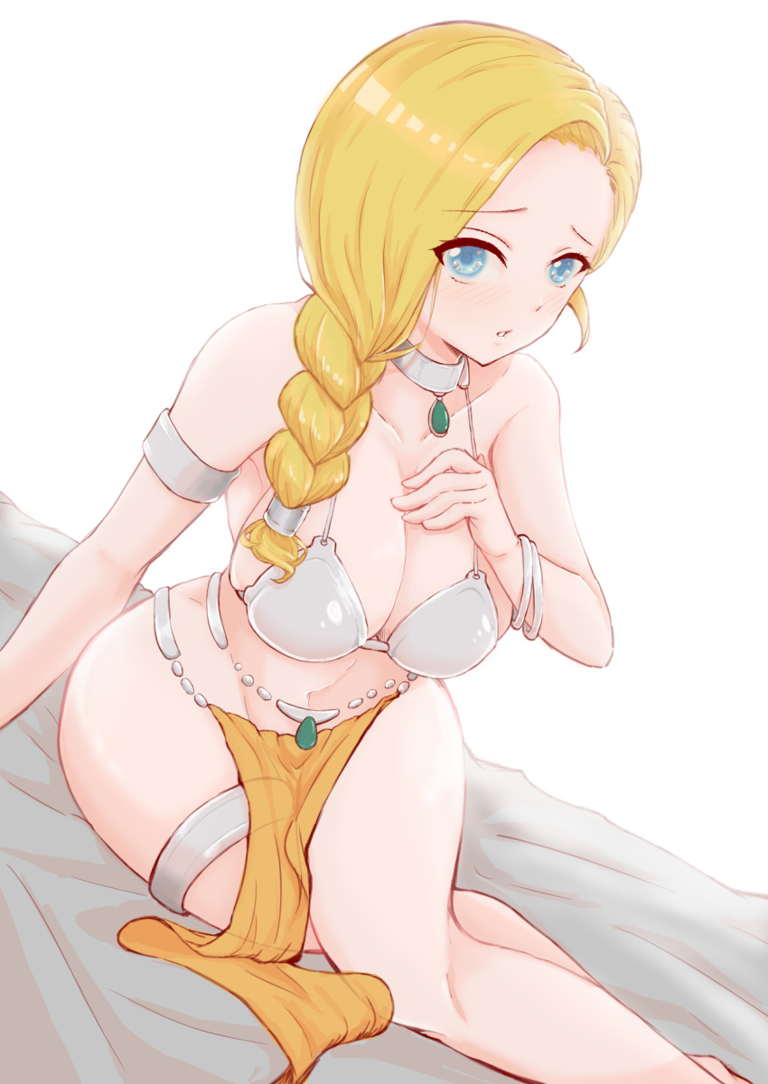 1girl bare_shoulders bianca_(dq5) blonde_hair blue_eyes blush bracelet braid breasts choker cleavage collarbone dancer's_costume_(dq) dragon_quest dragon_quest_v hair_over_shoulder highres hougansi jewelry large_breasts long_hair looking_at_viewer navel single_braid sitting solo