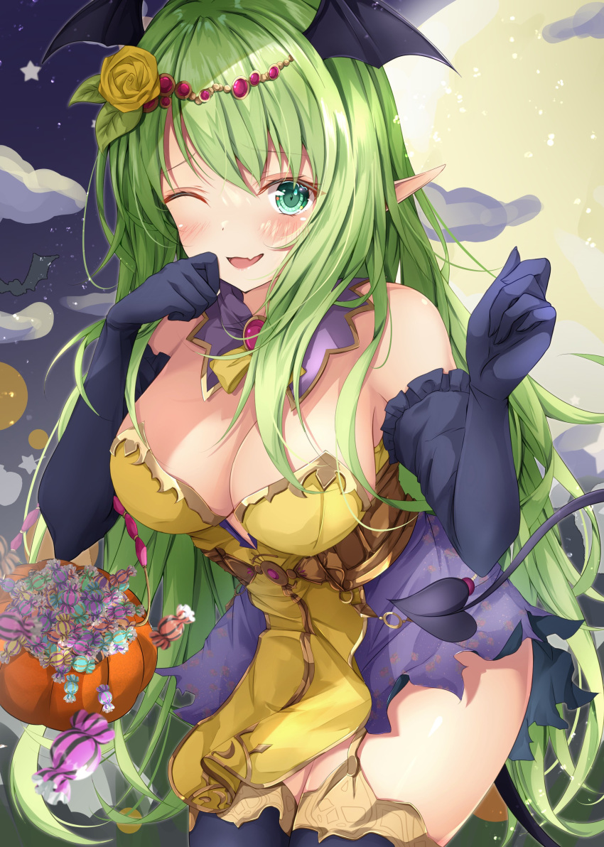 1girl absurdres aqua_eyes blush breasts candy character_request cleavage demon_tail dress food food-themed_hair_ornament full_moon garter_straps gloves green_dress green_hair hair_ornament halloween halloween_costume hand_on_own_face head_wings highres holding large_breasts long_hair looking_at_viewer moon neck_ribbon one_eye_closed open_mouth original pointy_ears pumpkin_hair_ornament ribbon rumiko_(rmeco) smile tail thighhighs