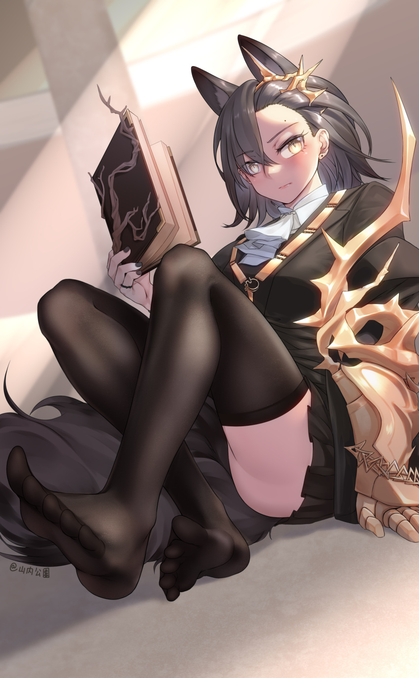 1girl absurdres animal_ear_fluff animal_ears arknights black_coat black_hair black_nails black_skirt blush book breasts closed_mouth coat earrings extra_ears feet gauntlets highres holding holding_book indoors jewelry knee_up large_breasts light_rays looking_at_viewer miniskirt nail_polish on_floor open_book penance_(arknights) pleated_skirt ring short_hair signature single_gauntlet sitting skirt solo stud_earrings sunbeam sunlight tail wolf_ears wolf_girl wolf_tail yamauchi_(conan-comy) yellow_eyes