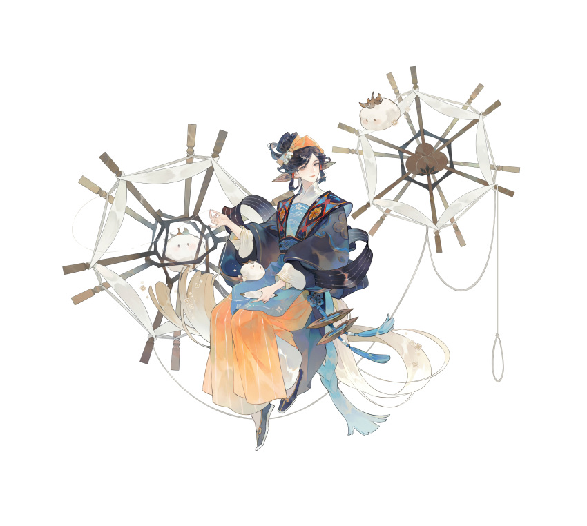 1girl absurdres black_hair blue_footwear chinese_clothes chinese_commentary closed_mouth commentary_request feixuxu grey_eyes hair_bun hair_tubes hanfu highres holding holding_string huang_daopo long_sleeves simple_background smile solo string wang_chuan_feng_hua_lu white_background