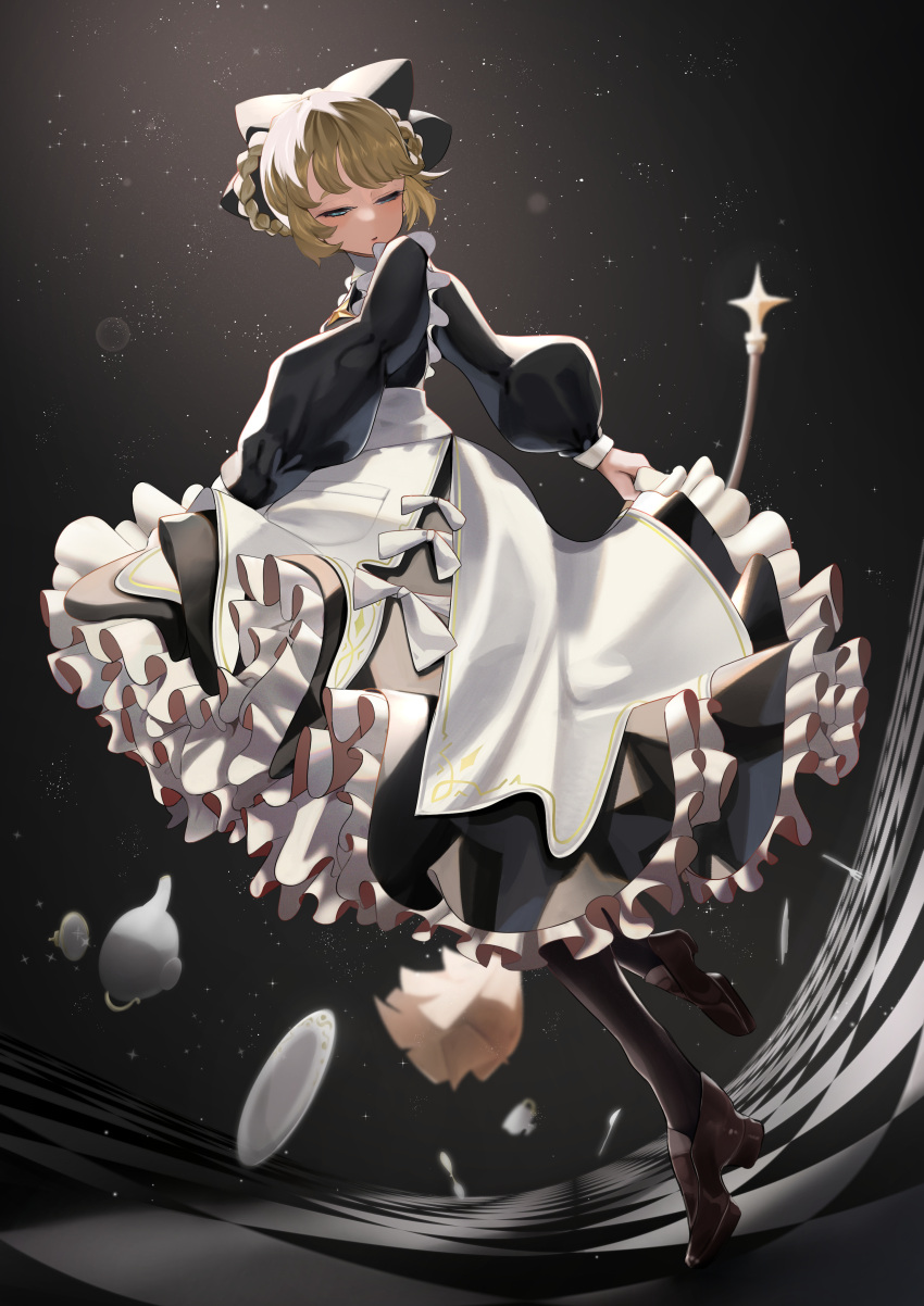 1girl 2022 absurdres afk_arena alternate_costume apron bangs black_dress blonde_hair blue_eyes braid dress dress_grab enmaided half-closed_eyes highres long_sleeves maid maid_apron maid_headdress open_mouth plate rosaline_(afk_arena) san_(harutuki_3) solo spinning standing