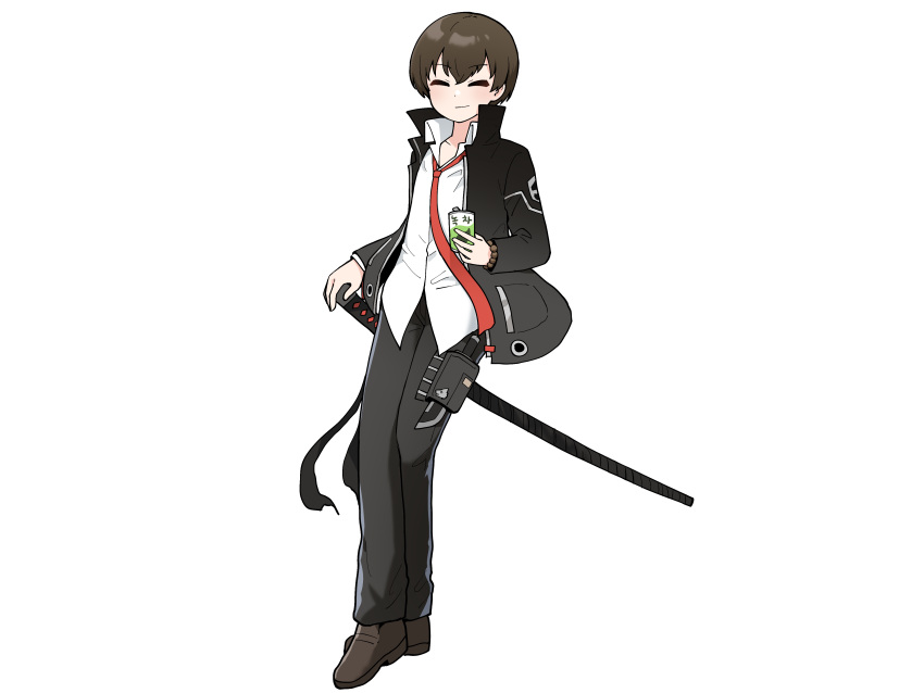 1boy absurdres artist_request bangs black_hair black_jacket black_pants closed_eyes counter:side facing_viewer full_body highres holding holster jacket joo_shiyoon katana knife korean_text male_focus necktie official_art open_clothes open_collar open_jacket pants pocket red_necktie sheath sheathed shirt short_hair solo sword thigh_holster translation_request transparent_background untucked_shirt weapon white_shirt