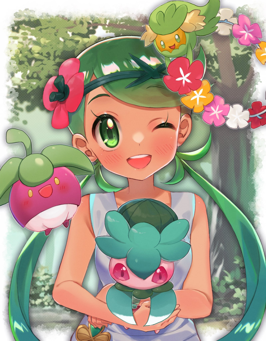 1girl ;d abe_(kumayu) bangs blush bounsweet comfey commentary_request dark-skinned_female dark_skin flower fomantis green_eyes green_hair green_headband grey_overalls headband highres holding holding_pokemon long_hair mallow_(pokemon) one_eye_closed open_mouth overalls pink_flower pokemon pokemon_(creature) pokemon_(game) pokemon_sm smile swept_bangs teeth tongue twintails upper_teeth