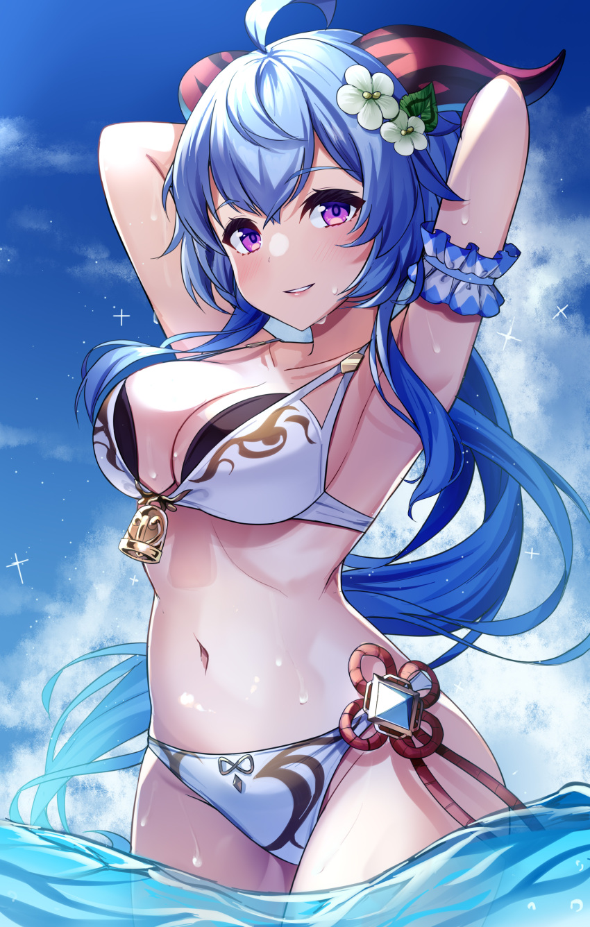 1girl absurdres ahoge armband armpits arms_up bangs bell bikini blue_hair blue_sky blush breasts cleavage collarbone commentary_request day frilled_armband frills ganyu_(genshin_impact) gem genshin_impact highres horns long_hair looking_at_viewer medium_breasts navel ocean outdoors parted_lips partially_submerged purple_eyes sideboob sky smile solo standing stomach swimsuit tenneko_yuuri very_long_hair wet white_bikini