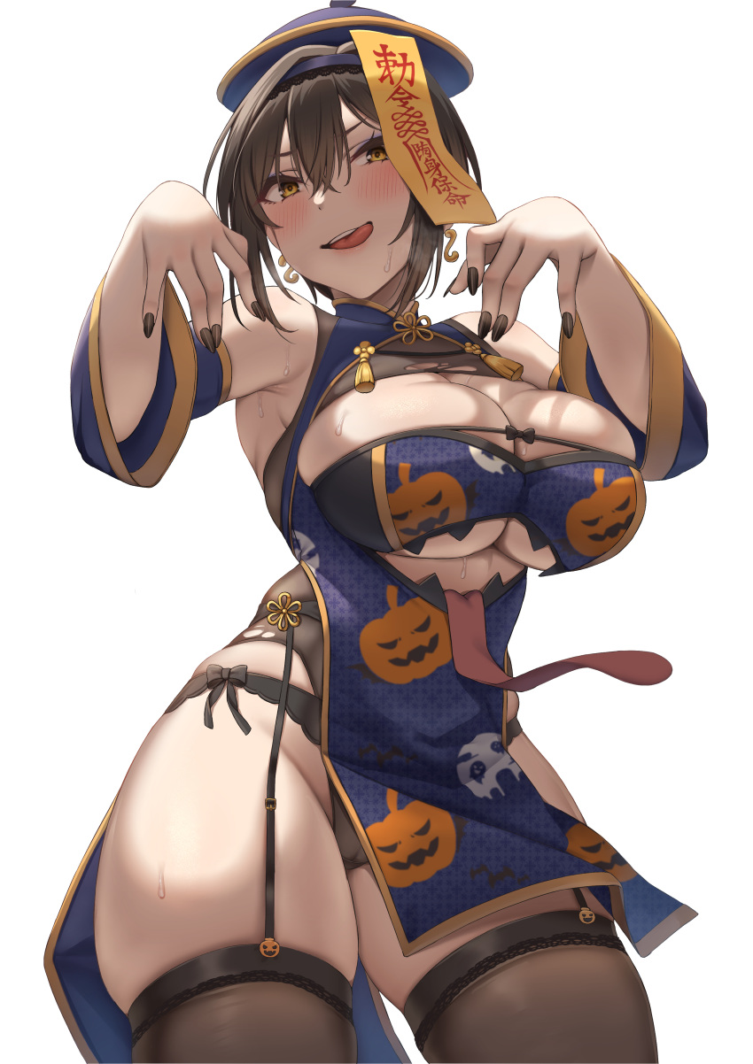 1girl absurdres bangs bare_shoulders black_garter_straps black_nails blue_headwear blush breasts brown_thighhighs detached_sleeves garter_straps hands_up highres jiangshi_costume large_breasts licking_lips long_sleeves looking_at_viewer momo_no_sukebe nail_polish open_mouth original pumpkin_print short_hair skindentation smile solo thighhighs thighs tongue tongue_out white_background