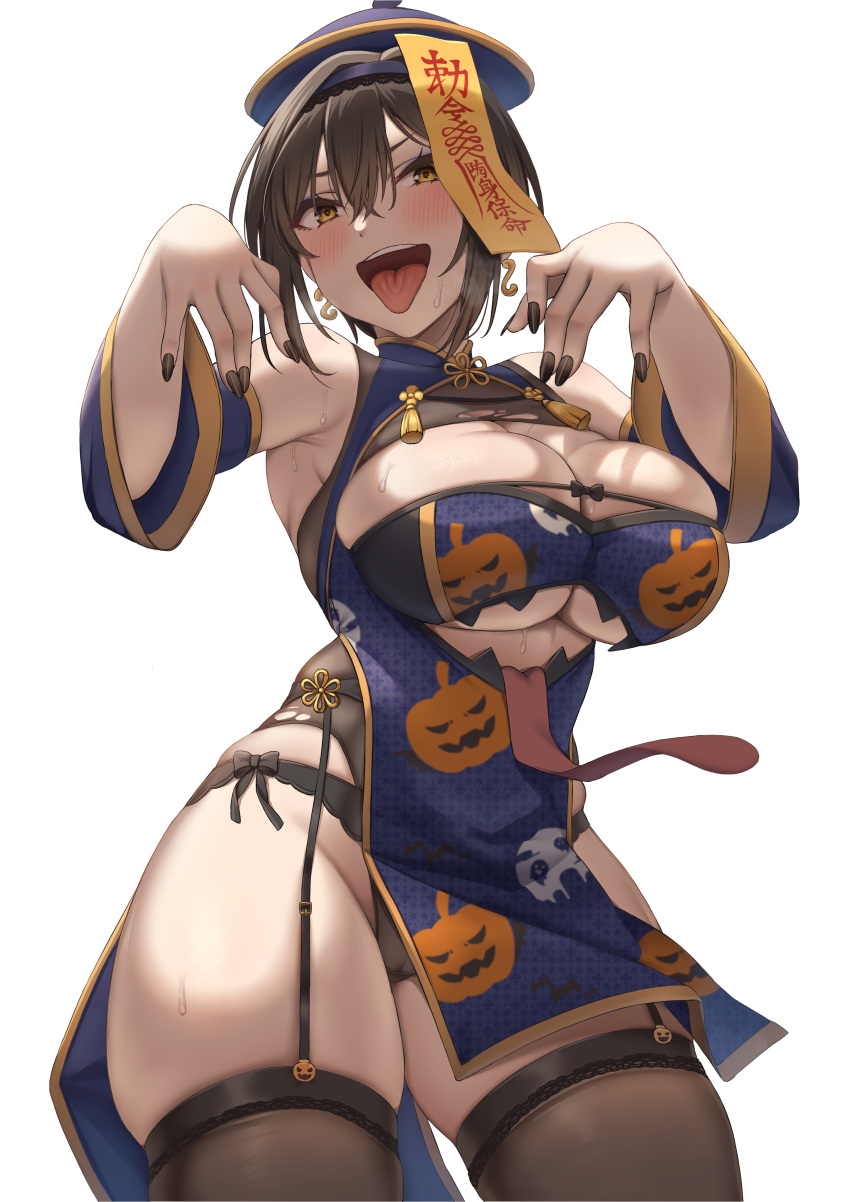1girl absurdres bangs bare_shoulders black_garter_straps black_nails blue_headwear blush breasts brown_thighhighs detached_sleeves garter_straps hands_up highres jiangshi_costume large_breasts long_sleeves looking_at_viewer momo_no_sukebe nail_polish open_mouth original pumpkin_print short_hair skindentation smile solo thighhighs thighs tongue tongue_out white_background