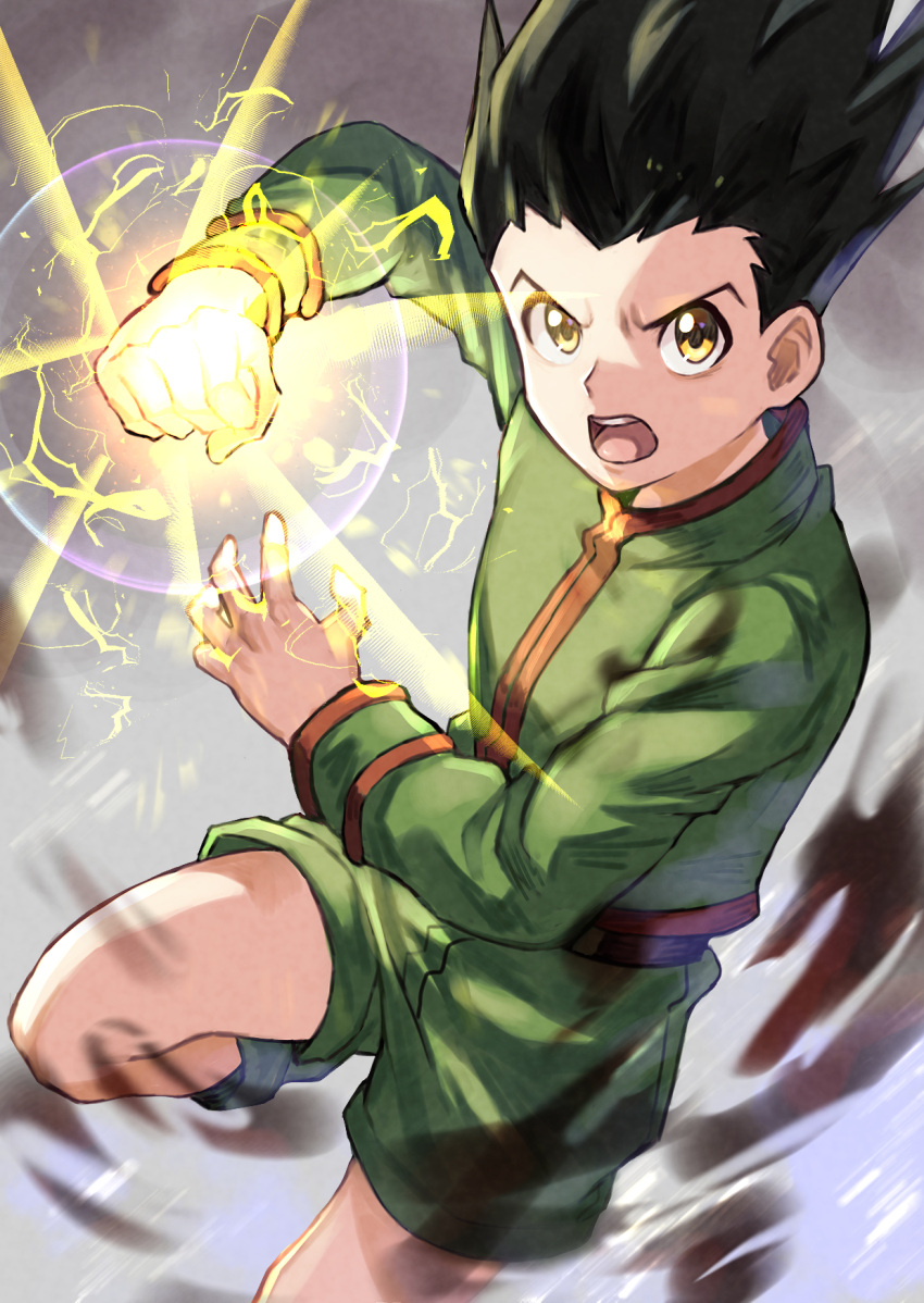 1boy black_hair brown_eyes gon_freecss green_hair green_jacket green_shorts hand_up highres hunter_x_hunter jacket long_sleeves looking_at_viewer male_focus nen_(hunter_x_hunter) short_hair shorts solo spiked_hair tomaton_(t_0)