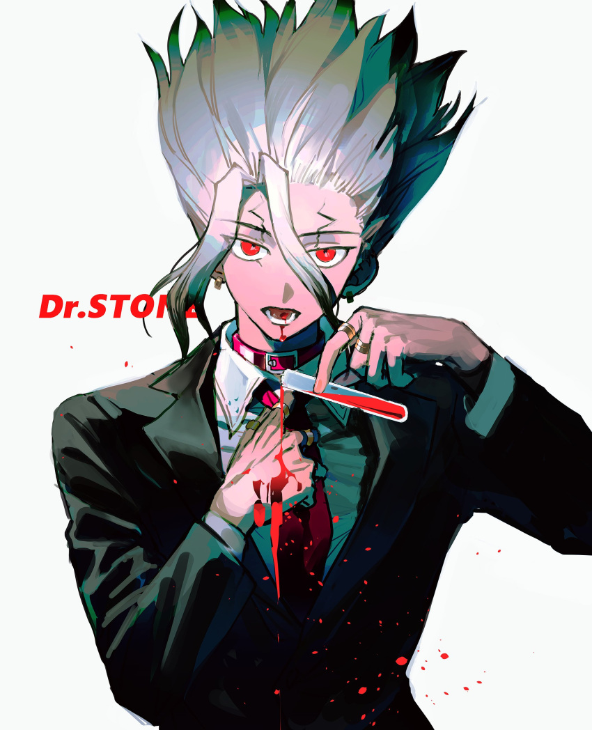 1boy absurdres alternate_costume black_suit blood cracked_skin dr._stone formal hair_between_eyes highres holding holding_test_tube ishigami_senkuu jewelry long_hair looking_at_viewer male_focus multiple_rings noren_(noren1512) pouring pouring_onto_self red_eyes ring solo spiked_hair straight-on suit test_tube upper_body