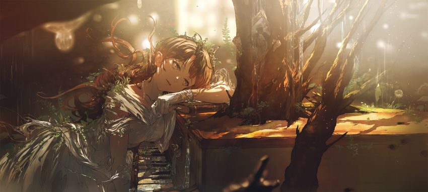 1girl bangs blurry blurry_background brown_eyes brown_hair collarbone commentary dress gloves head_rest highres instrument long_hair miv4t original parted_lips piano plant russian_commentary solo tiara tree white_dress white_gloves
