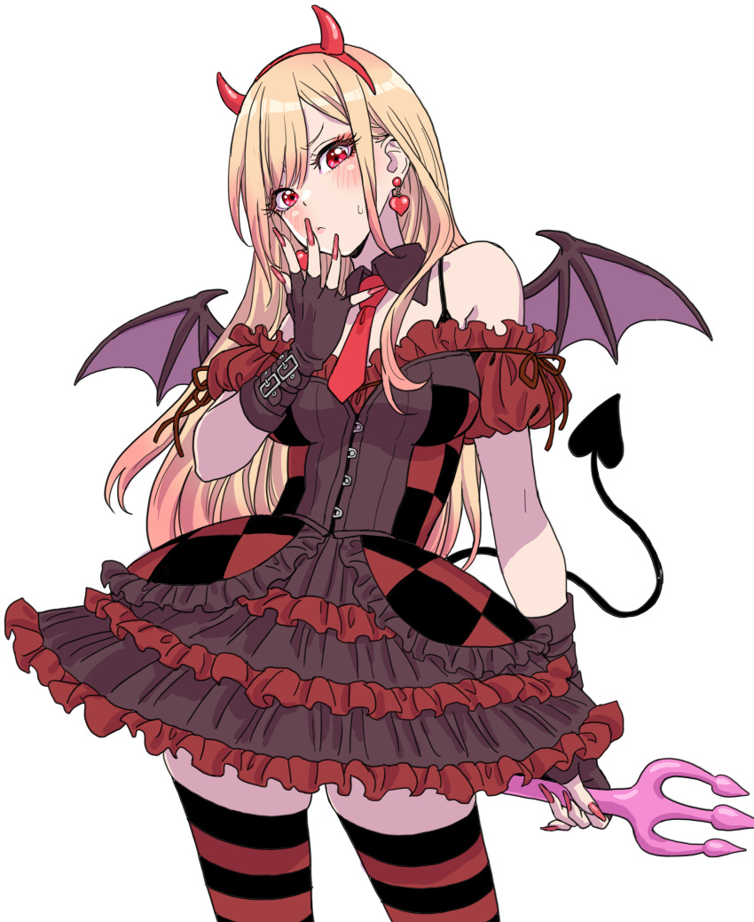 1girl absurdres bare_shoulders black_dress blonde_hair blush brown_dress checkered_clothes checkered_dress demon_horns demon_tail demon_wings dress earrings fingerless_gloves fingernails frilled_dress frills gloves highres horns jewelry kitagawa_marin long_fingernails multicolored_clothes multicolored_dress necktie red_dress red_eyes solo sono_bisque_doll_wa_koi_wo_suru striped striped_thighhighs tail thighhighs wings yamashita_shun'ya