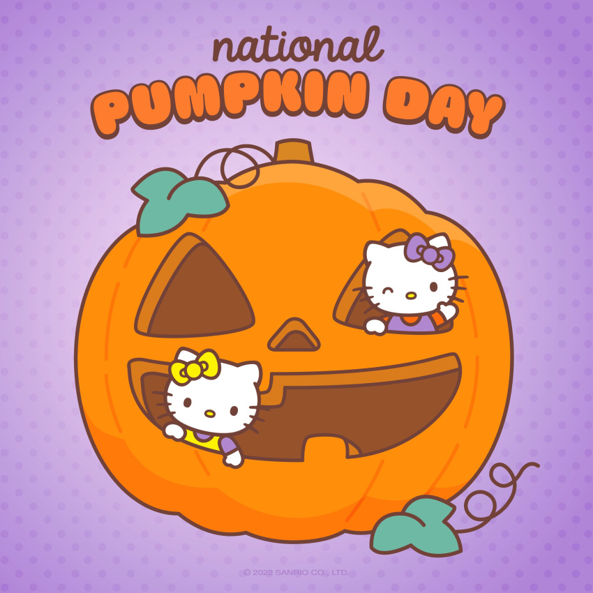 2022 abstract_background absurd_res anthro big_head big_text black_eyes clothed clothing domestic_cat duo ear_bow english_text felid feline felis female food fruit halloween happy head_tilt hello_kitty_(character) hello_kitty_(series) hi_res holidays inside_object inside_pumpkin jack-o'-lantern leaf looking_at_viewer mammal mimmy_white mouthless national_pumpkin_day o_o official_art one_eye_closed open_mouth overalls plant pose pumpkin purple_background raised_arm round_eyes round_head round_nose sanrio shirt sibling simple_background simple_eyes sister size_difference smile standing text toony topwear unknown_artist vegetable whiskers white_body white_ears wide_eyed yellow_nose
