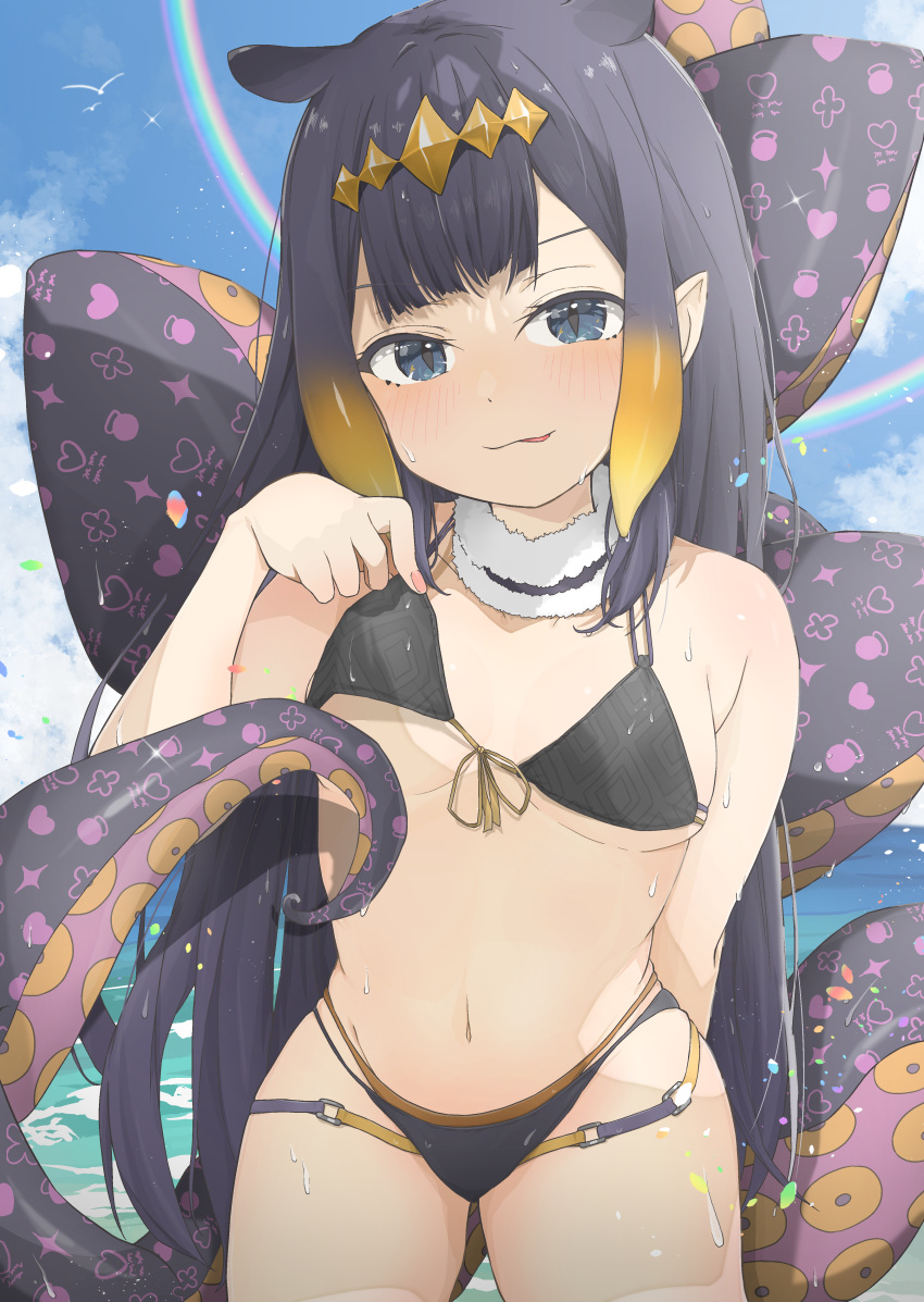 1girl 2022 absurdres arm_behind_back bangs bikini bikini_lift black_bikini black_hair blue_eyes blue_sky blush breasts closed_mouth clothes_lift cloud cloudy_sky covering_nipples covering_one_nipple dottocom_tegaki highres hololive hololive_english long_hair looking_at_viewer ninomae_ina'nis outdoors rainbow sky small_breasts smile solo standing swimsuit teasing tentacles tongue tongue_out virtual_youtuber