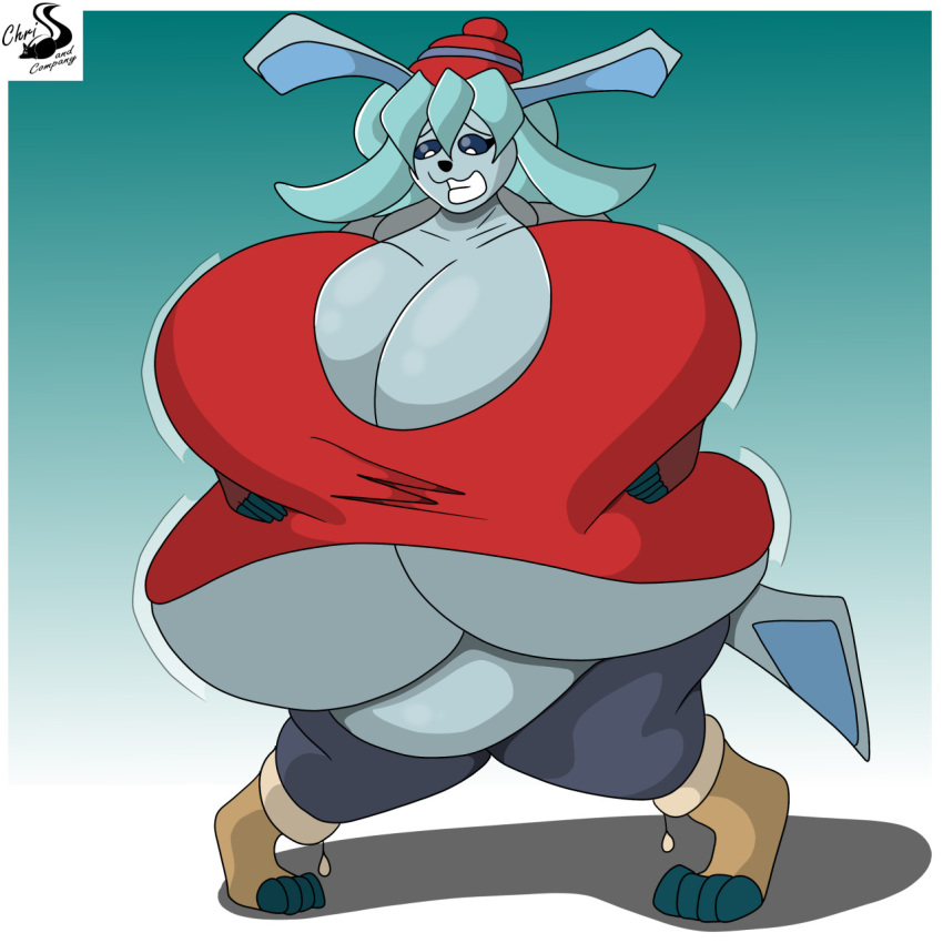 anthro ashley_(sandslash) big_breasts breast_squeeze breasts chrisandcompany cleavage clothed clothing eeveelution female fully_clothed generation_4_pokemon glaceon hi_res huge_breasts hyper hyper_breasts looking_down nintendo pokemon pokemon_(species) simple_background solo thick_thighs video_games