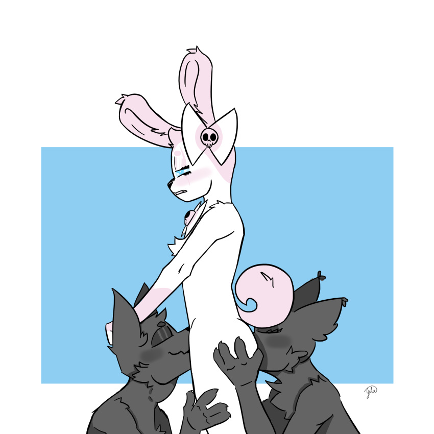 anal anthro black_body black_fur blue_eyes blush bow_tie curled_tail ears_back ears_up eeveelution eyes_closed flushed fur generation_6_pokemon glu_(artist) glu_(character) grey_body grey_fur group group_sex hand_on_head hi_res hybrid lagomorph leporid male male/male mammal neck_bulge nintendo nude oral oral_penetration oral_sandwich penetration pink_body pink_fur pink_tail pivoted_ears pokemon pokemon_(species) rabbit raised_tail rimming sex simple_background standing standing_sex sylveon threesome trio video_games white_body white_fur