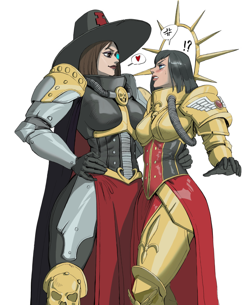 !? 2girls absurdres anger_vein arm_around_waist armor black_gloves black_hair blue_eyes breasts brown_eyes brown_hair brown_lips gloves hand_on_hip hat heart highres inquisition_(warhammer) inquisitor_katarinya_greyfax jingyifu24 large_breasts living_saint monocle multiple_girls red_skirt saint_celestine skirt spoken_anger_vein spoken_heart sweatdrop warhammer_40k yuri