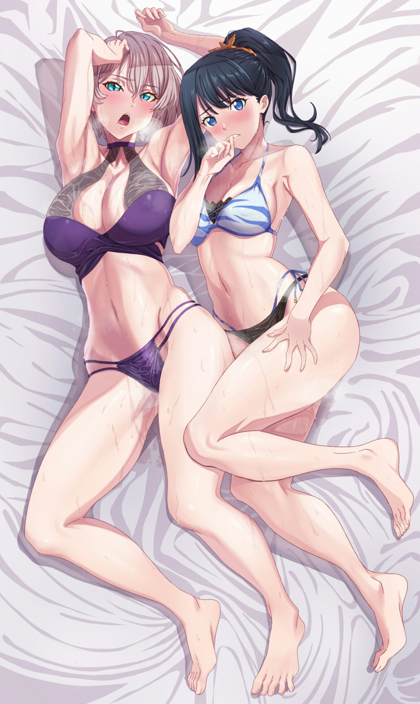 2girls aqua_eyes armpits arms_up bangs barefoot bed_sheet bikini black_bikini black_hair blue_eyes blush breasts cleavage collarbone commentary_request feet full_body gridman_universe highres large_breasts layered_bikini light_purple_hair long_hair looking_at_viewer medium_breasts mujina multiple_girls navel open_mouth parted_lips ponytail short_hair sideboob ssss.dynazenon ssss.gridman stomach swimsuit takarada_rikka teeth thighs toes upper_teeth wakusei-planet