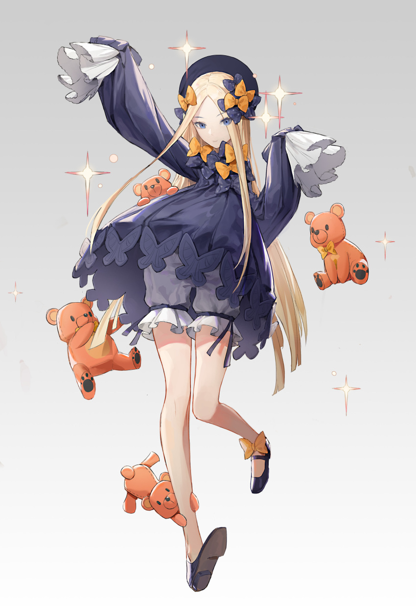 1girl abigail_williams_(fate) absurdres arms_up ata-zhubo bangs bare_legs blonde_hair blue_eyes fate/grand_order fate_(series) flower grey_background hair_flower hair_ornament hat highres long_hair looking_at_viewer simple_background skirt solo stuffed_animal stuffed_toy teddy_bear