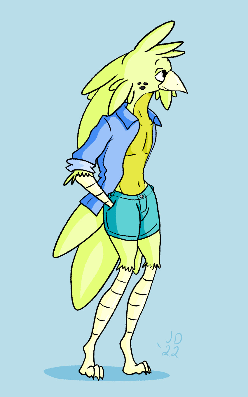 absurd_res animal_humanoid anthro avian avian_humanoid bird bird_humanoid bottomwear budgerigar clothed clothing hi_res humanoid jared_dillon loriinae male open_clothing open_shirt open_topwear parakeet parakeet_humanoid parrot parrot_humanoid rolled_up_sleeves shaded shirt shorts simple_background simple_shading solo tall tall_male topwear true_parrot