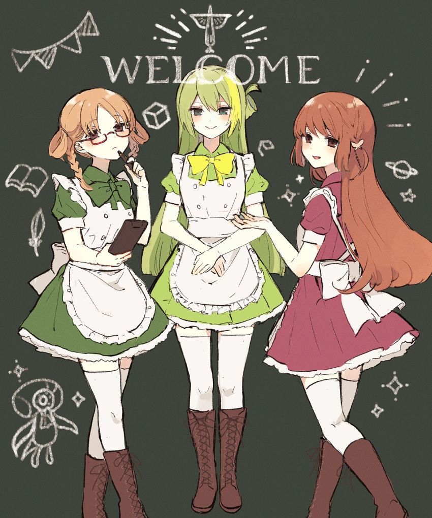 3girls alina_gray alternate_costume apron aqua_eyes bangs blunt_ends blush boyano braid breasts brown_eyes brown_hair dress frills green_hair hair_between_eyes hair_rings highres hiiragi_nemu long_hair looking_at_viewer magia_record:_mahou_shoujo_madoka_magica_gaiden mahou_shoujo_madoka_magica maid maid_apron maid_headdress multicolored_hair multiple_girls parted_bangs puffy_sleeves purple_eyes satomi_touka short_hair short_sleeves side_braid sidelocks small_breasts smile straight_hair streaked_hair thighhighs twin_braids very_long_hair