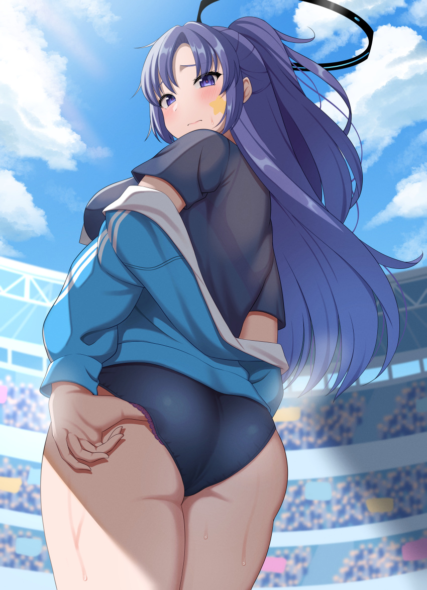 1girl absurdres ass bangs black_buruma black_shirt blue_archive blue_jacket blue_sky bralines breasts buruma cloud cowboy_shot day from_behind gym_uniform highres jacket lace lace_panties large_breasts long_hair mechanical_halo nekojima official_alternate_costume outdoors panties panty_peek parted_bangs purple_eyes purple_hair purple_panties shirt short_sleeves sidelocks sky solo standing star_sticker sticker_on_face track_jacket underwear yuuka_(blue_archive) yuuka_(gym_uniform)_(blue_archive)