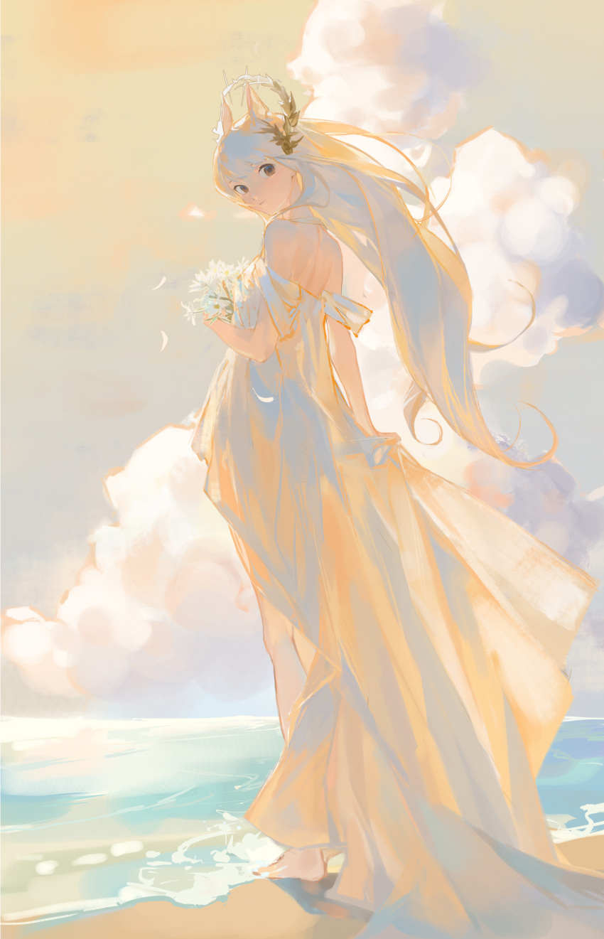 1girl absurdres alternate_costume animal_ears arknights bare_shoulders barefoot beach bouquet brown_eyes closed_mouth cloud dress flower from_behind full_body gradient_sky grey_hair hair_ornament highres horse_ears long_hair looking_at_viewer looking_back ocean off-shoulder_dress off_shoulder pamafff platinum_(arknights) sky smile solo standing very_long_hair water white_dress white_flower