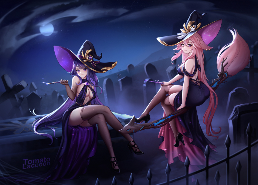 2girls alternate_costume alternate_hairstyle animal_ears breasts broom broom_riding cloud fox_ears fox_girl genshin_impact graveyard halloween halloween_costume hat highres large_breasts long_hair looking_at_viewer moon multiple_girls night night_sky pink_hair purple_eyes purple_hair raiden_shogun sky smile thighhighs thighs tomato_lacoon tombstone wand witch witch_hat yae_miko