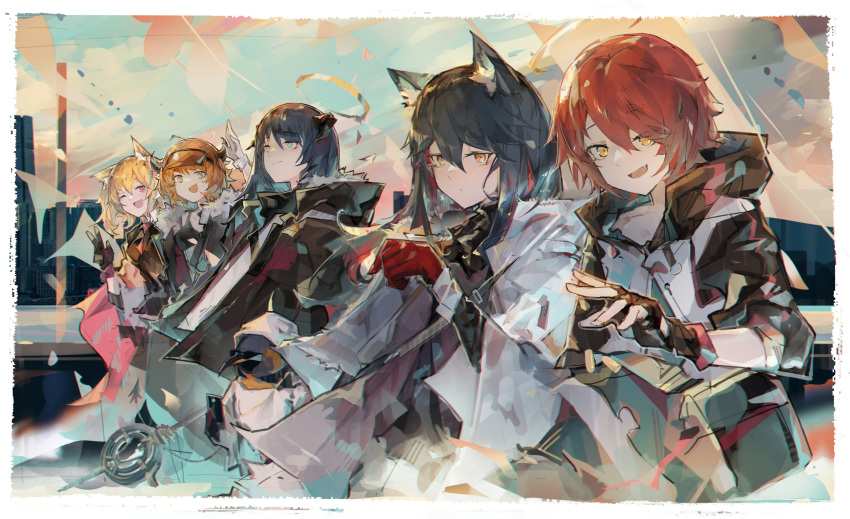 1boy 5girls :d ;d absurdres animal_ears arknights bison_(arknights) black_gloves black_hair black_jacket blonde_hair blue_eyes blue_hair border colored_inner_hair cow_girl cow_horns demon_horns exusiai_(arknights) fingerless_gloves fur-trimmed_hood fur-trimmed_jacket fur_trim gloves green_eyes hair_between_eyes halo highres holding holding_staff hood hood_down hooded_jacket horns jacket jumbowhopper mostima_(arknights) multicolored_hair multiple_girls one_eye_closed open_mouth orange_hair red_gloves red_hair smile sora_(arknights) staff texas_(arknights) the_emperor_(arknights) visor_cap white_border white_jacket wolf_ears wolf_girl