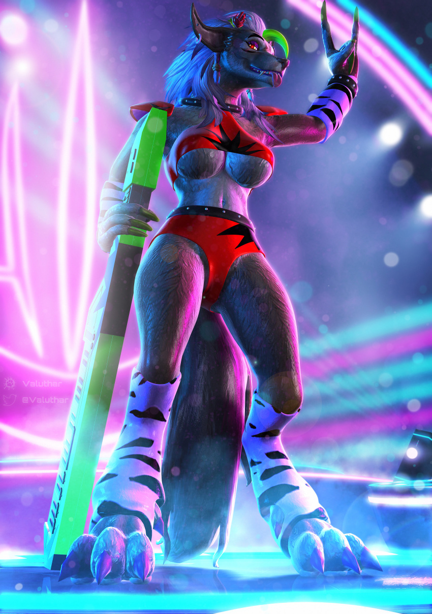 2022 3d_(artwork) absurd_res anonybold armor bangs belly belt big_breasts blizzard_entertainment bracelet breasts bright_colors cable canid claws clothing collar cosplay costume crop_top devil_horns_(gesture) digital_media_(artwork) ear_piercing ear_ring english_text eyelashes eyeshadow fangs female fingers five_nights_at_freddy's five_nights_at_freddy's:_security_breach fluffy fluffy_tail full-length_portrait gesture glowing glowing_eyes green_claws green_hair hair halloween hi_res holding_object holidays jewelry keyboard_instrument keytar light logo long_claws long_eyelashes looking_at_viewer makeup mammal musical_instrument navel neon_lights open_mouth pauldron pawpads piercing portrait purple_eyeshadow red_eyes ring_piercing roxanne_wolf_(fnaf) scottgames shirt shy_worgen_lady smile solo spotlight stage standing studded text tongue tongue_out topwear under_boob valuthar video_games warcraft warmers watermark were werecanid white_hair wide_eyed worgen