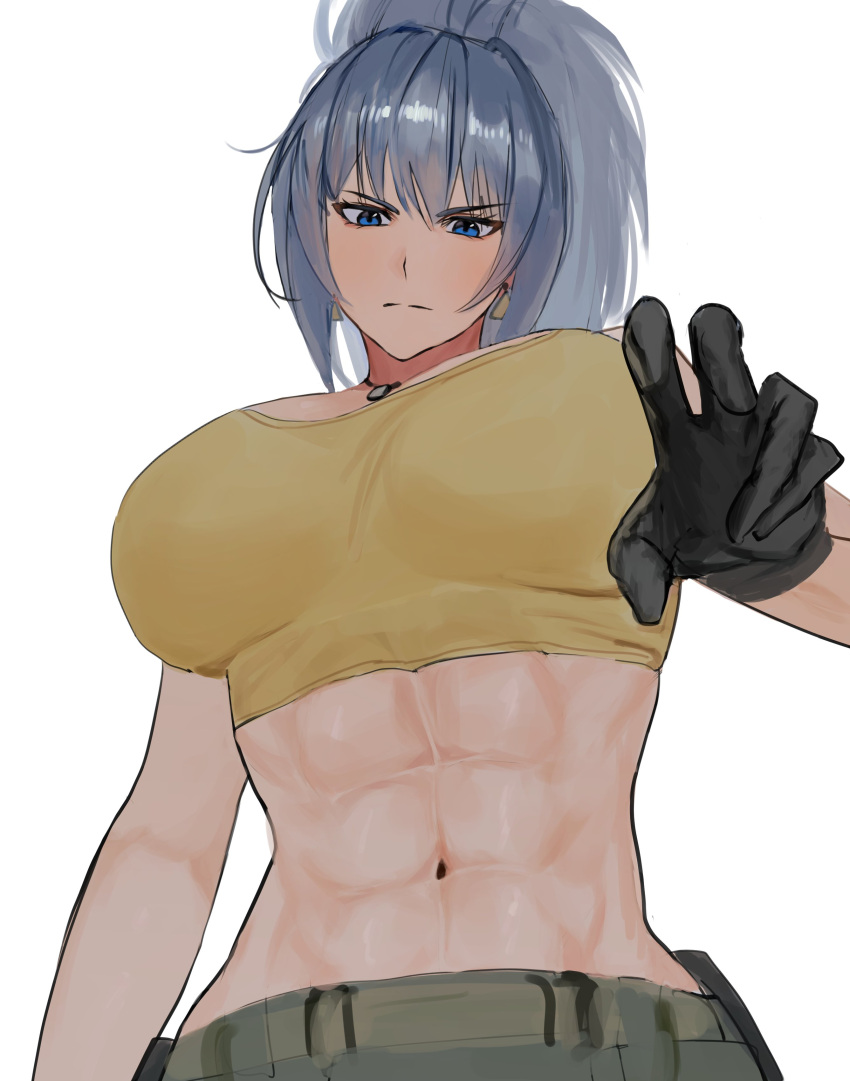 1girl abs absurdres bare_shoulders blue_eyes blue_hair breasts dan_koflove earrings gloves highres jewelry large_breasts leona_heidern muscular muscular_female navel ponytail simple_background sleeveless solo tank_top the_king_of_fighters the_king_of_fighters_xv triangle_earrings white_background yellow_tank_top