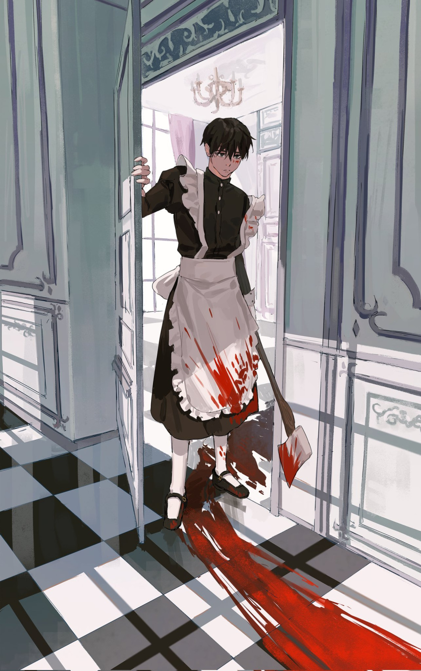 1boy alternate_costume apron axe black_hair blood blood_on_clothes blood_on_face blood_trail chandelier checkered_floor crossdressing door enmaided expressionless full_body highres holding holding_axe huh_1222 implied_murder kim_dokja long_sleeves maid maid_apron male_focus omniscient_reader's_viewpoint opening_door reflection shadow short_hair solo window