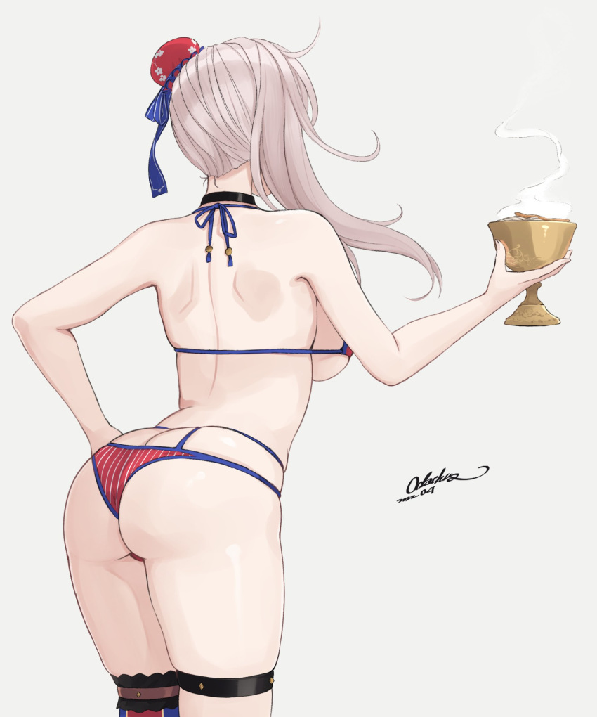 1girl american_flag_legwear ass asymmetrical_hair backboob black_choker boots breasts bun_cover choker fate/grand_order fate_(series) flag_print from_behind grail hair_bun hair_ribbon halterneck hand_on_hip highleg highleg_swimsuit highres holy_grail_(fate) large_breasts miyamoto_musashi_(fate) miyamoto_musashi_(swimsuit_berserker)_(fate) odachu print_swimsuit ribbon signature single_hair_bun single_hair_intake single_side_bun single_sidelock single_thigh_boot single_thighhigh swimsuit thigh_boots thigh_strap thighhighs two-tone_swimsuit