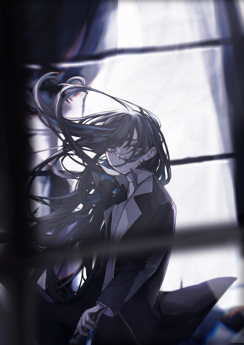 1girl ado_(singer) bangs black_bow black_bowtie black_hair black_suit blue_eyes blue_hair bow bowtie collared_shirt cowboy_shot dress_shirt ewkkyorhr_(orihara) expressionless floating_hair formal hair_over_face highres holding holding_microphone long_hair long_sleeves looking_to_the_side microphone mole mole_under_eye multicolored_hair niconico official_art popped_collar real_life shirt solo suit suit_jacket two-tone_hair very_long_hair white_shirt wind window