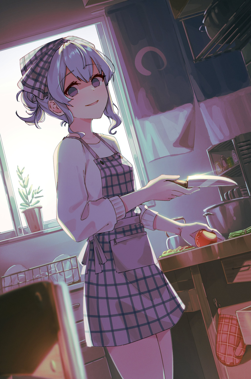 1girl absurdres alternate_costume apron blue_eyes blue_hair blurry blurry_foreground bowl breasts casual cowboy_shot curtains dishrack dutch_angle empty_eyes english_commentary eyelashes hair_ribbon hair_up highres holding holding_knife hololive hoshimachi_suisei indoors jl_tan kitchen kitchen_knife knife lens_flare long_sleeves looking_at_viewer medium_hair open_mouth oven_mitts plaid plaid_apron plaid_ribbon plant plate potted_plant ribbon shadow shelf shiny shiny_hair sidelocks small_breasts smile solo teapot thighs tomato virtual_youtuber window yandere