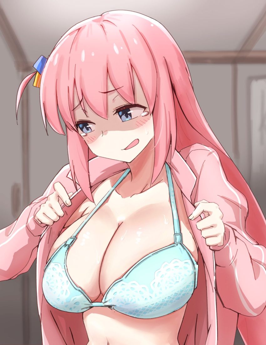 1girl aqua_bra bangs blue_eyes blush bocchi_the_rock! bra breasts cleavage commentary_request cube_hair_ornament embarrassed gotou_hitori hair_between_eyes hair_cubes hair_ornament halterneck highres indoors jacket large_breasts long_hair long_sleeves minorun9 navel one_side_up open_clothes open_jacket open_mouth pink_hair pink_jacket solo tearing_up track_jacket underwear undressing upper_body